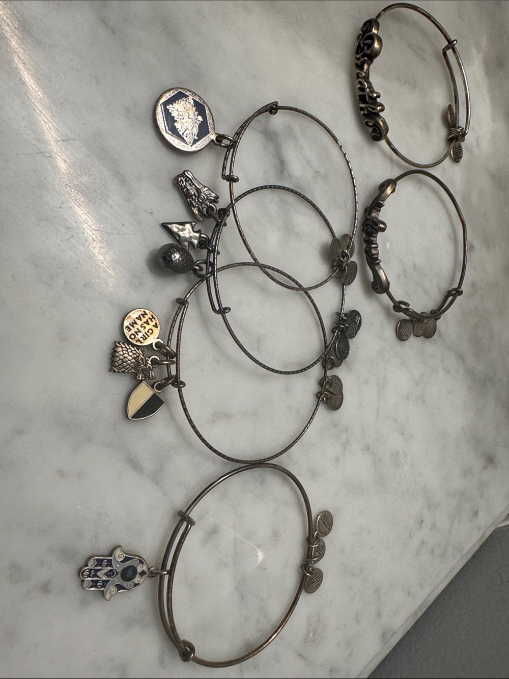 Alex and Ani Dangle Charm Bangle Bracelet Set - Antique Silver Tones